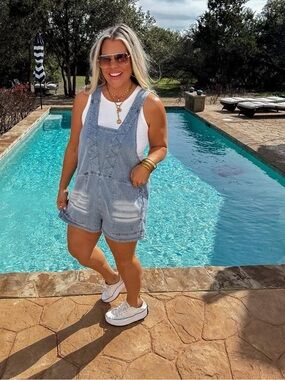 Blakeley Light Blue Denim Short Overalls Romper - Women’s